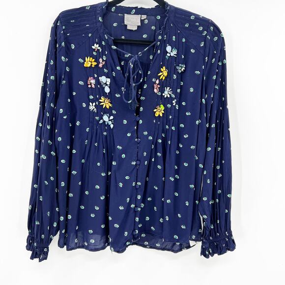 Vanessa Virginia Anthro Blue Long Sleeve Floral‎ Jeweled Top Blouse 12 - Picture 3 of 8